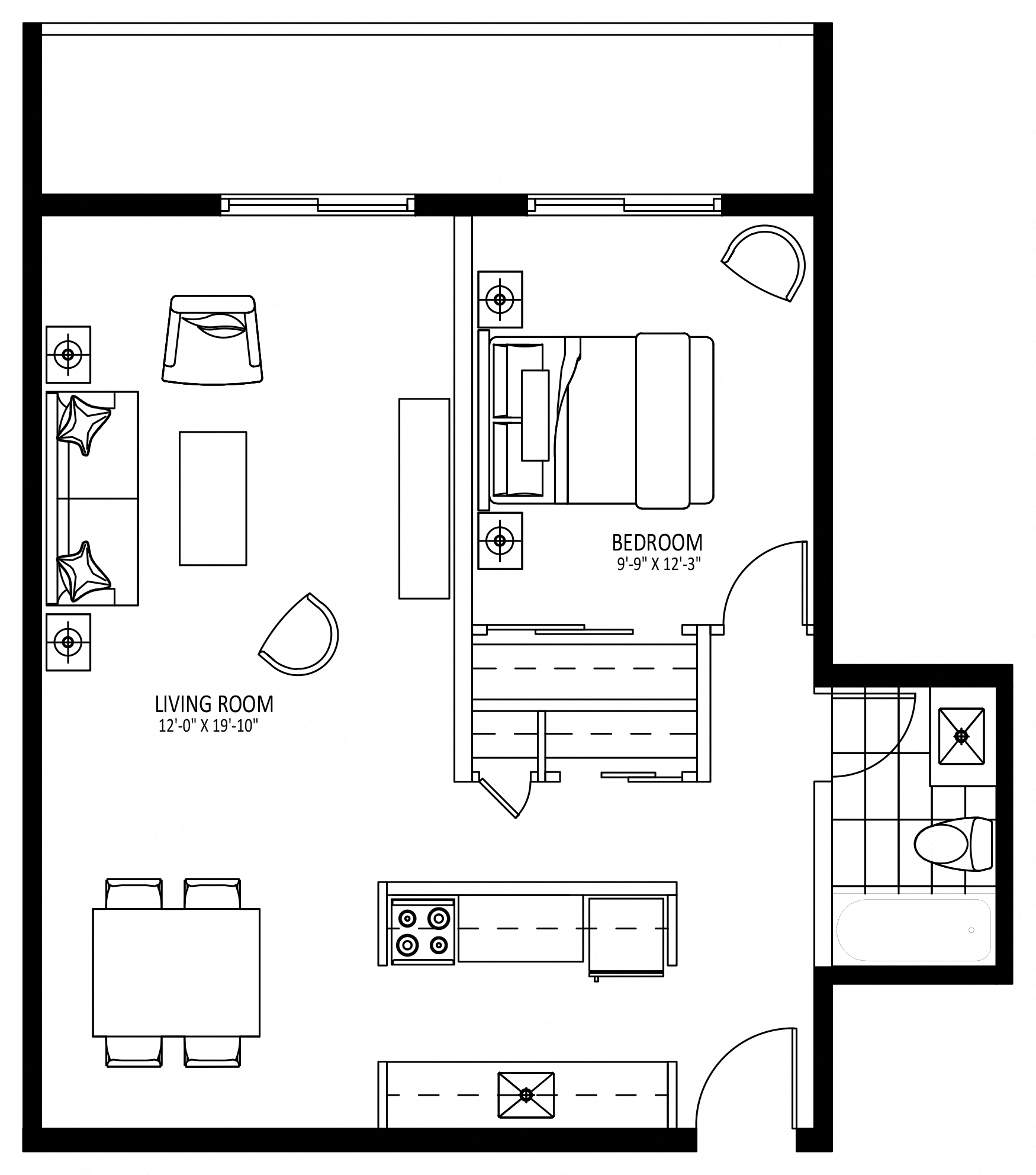 Floor plan for 1 bed, 1 bath, 652 sqft